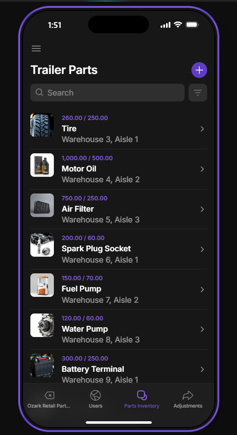 Trailer Parts inventory list on a phone
