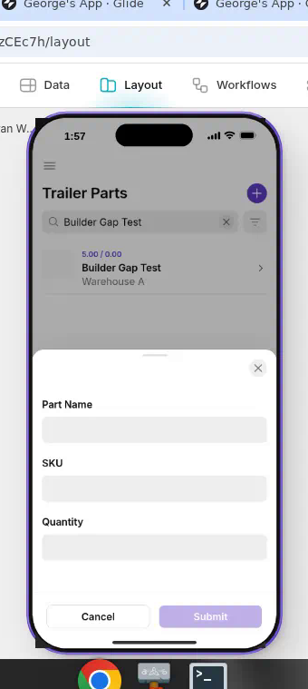 Add part form with Part Name, SKU, and Quantity