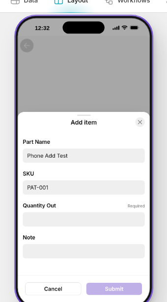 Issue / sell form with Quantity Out and Note